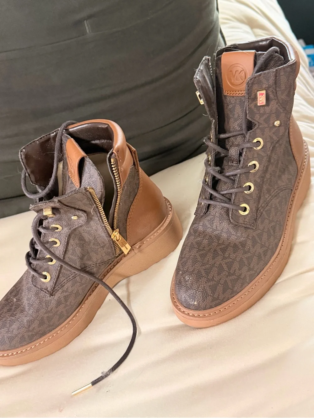 Michael Kors Brown Logo Lace-Up Platform Combat Boots